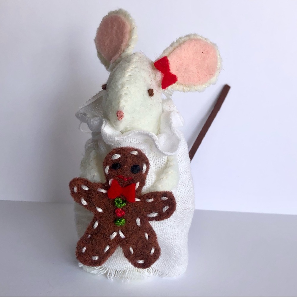 Gingerbread Felt Mouse Christmas Ornament  handmade hand crafted red bow